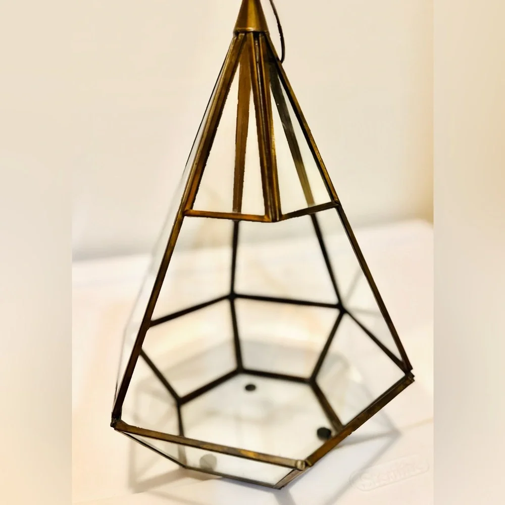 West Elm (discont’d) Gold Brass Geometric Hanging Glass Terrarium /Lantern!